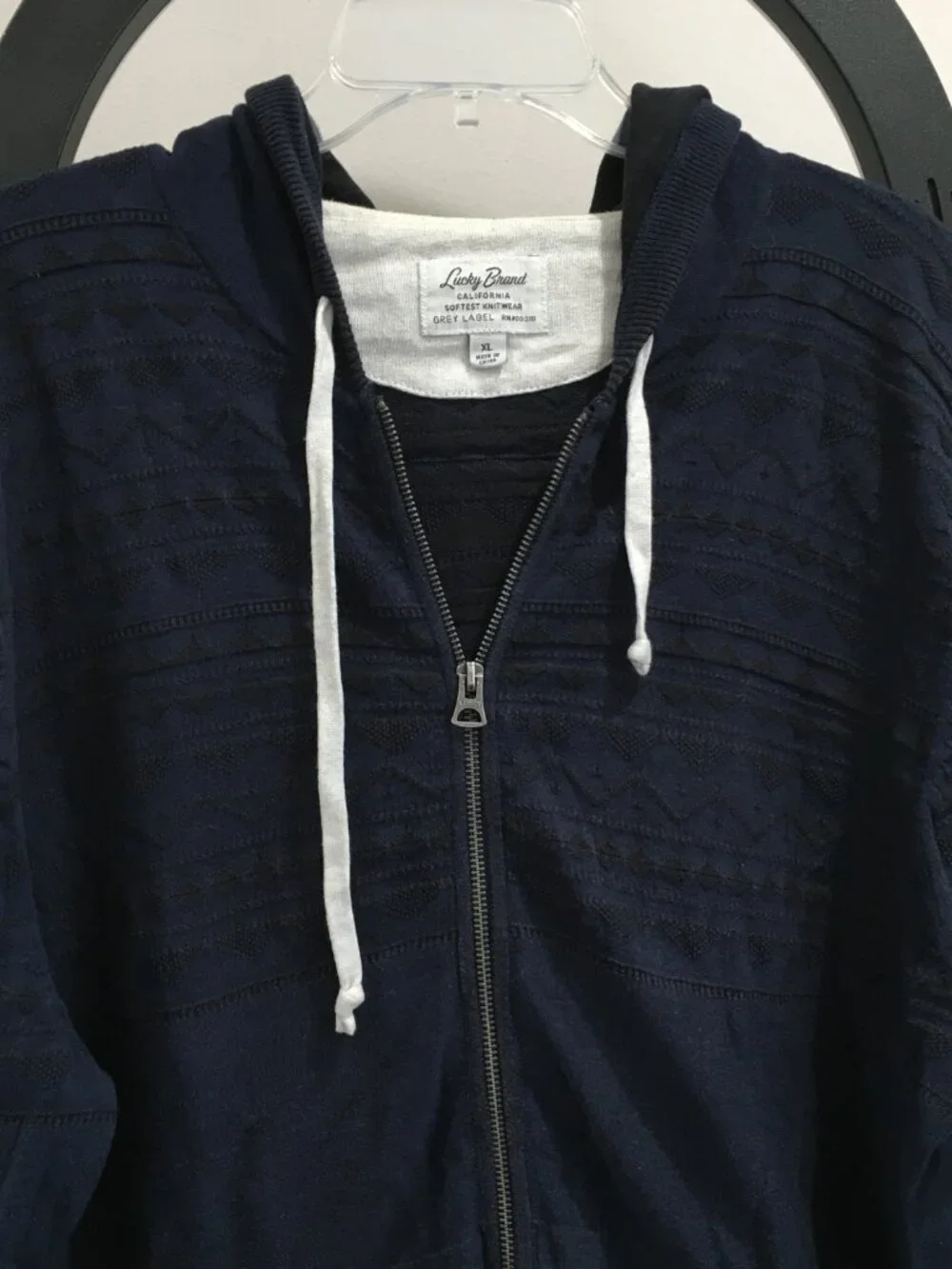 LOTUS Grey Label LUCKY BRAND Blue Black Embroidery Knit Hooded Full Zip Jacket